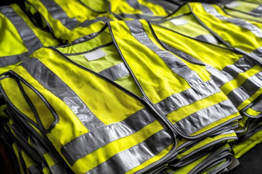 Brightly colored safety vests stacked neatly for construction or event use in an indoor storage area