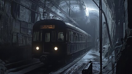Obraz premium Abandoned Underground Subway Train in Dimly Lit Tunnel