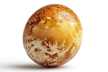 Unique brown and white speckled egg placed on a simple white background showcasing its natural beauty
