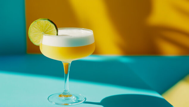 Creamy pineapple lemon pina colada cocktail with foam, bright background