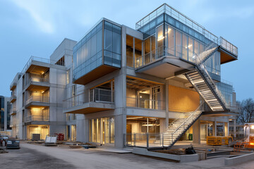 Decarbonization carbon reduction policy. Green energy carbon pricing. Climate action. Net zero innovation. Emission control renewable sources. Sustainable construction site image