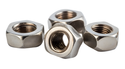 Assorted metal nuts isolated on transparent white background for engineering projects