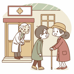 Elderly cartoon couple with walking sticks visiting friendly doctor’s clinic