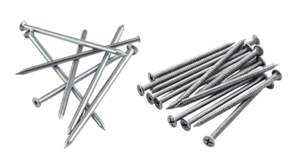 Assorted nails and screws metal fasteners on transparent background