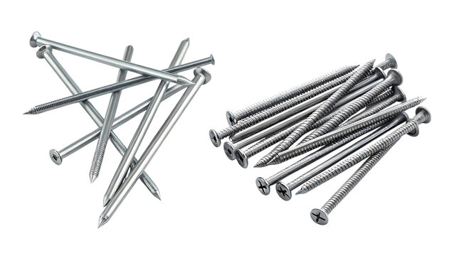 Assorted nails and screws metal fasteners on transparent background
