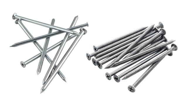 Assorted nails and screws metal fasteners on transparent background