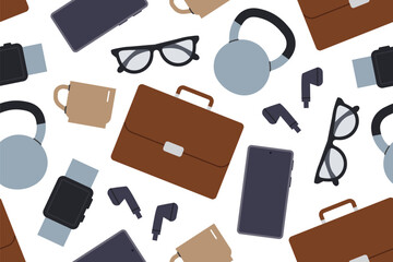 Father's Day, modern man seamless pattern briefcase, headphones, caffee, watch, smartphone, kettlebell and eyeglasses icons- vector illustration