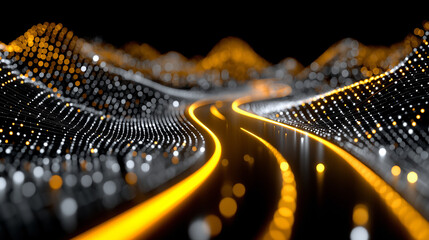 Illuminating the Path Ahead: A mesmerizing view of a futuristic road map, where abstract lines and curves create a vivid digital representation of a vibrant journey. 