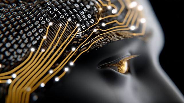 Digital Intellect: A close-up view of a stylized human head, intertwined with intricate circuitry and binary code. Reflecting the core of digital intellect and advanced technology.