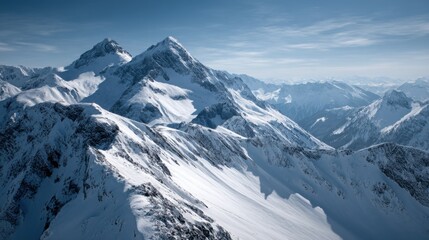Snowy Mountain Peaks Under Blue Sky, Showcasing Winter Adventure and Environmental Conservation Efforts in the Alps : Generative AI