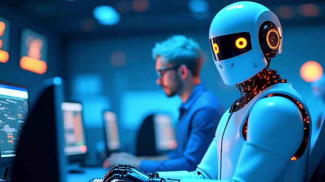 A humanoid robot with glowing features sits beside a focused human in a tech-filled workspace