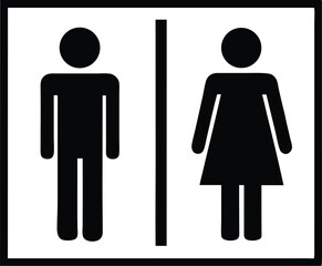 A black and white restroom sign with male and female figures separated by a vertical line in a frame