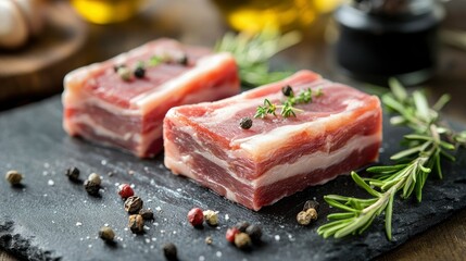 Raw Pork Belly Slices with Herbs and Spices on Dark Stone Board