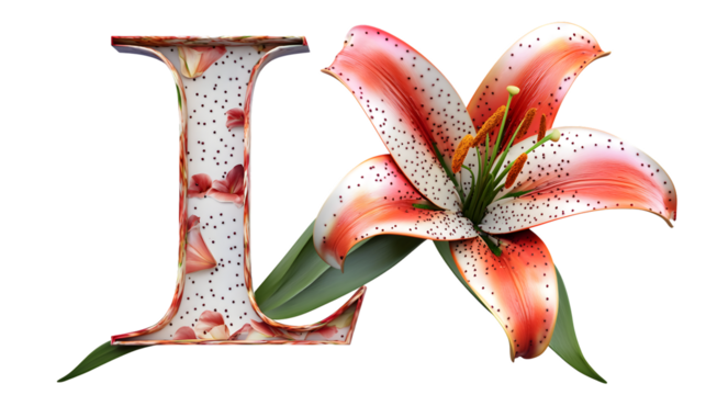 3D Lily Flower Letter L in Modern Style Isolated on Transparent Background