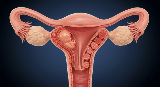 Diagram of the female reproductive system showing uterus, ovaries, and embryo.