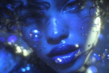 A dreamlike portrait shows a woman surrounded by glowing bubbles while submerged in water, creating a surreal scene