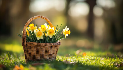 Wicker basket on green grass, focus on bright daffodil flowers &mdash; blurred natural background, spring garden, landscape view