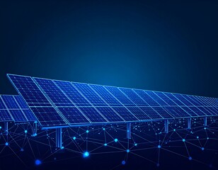 Abstract agrovoltaics solar and agriculture crop with blue wireframe graphics