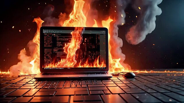 Laptop Exploding with Flames and Smoke in Cybersecurity Attack Concept