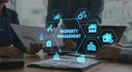 Digital representation of property management concepts with business collaboration.