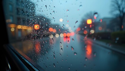 Rainy city street scene viewed through a rain-covered window, for blogs and websites