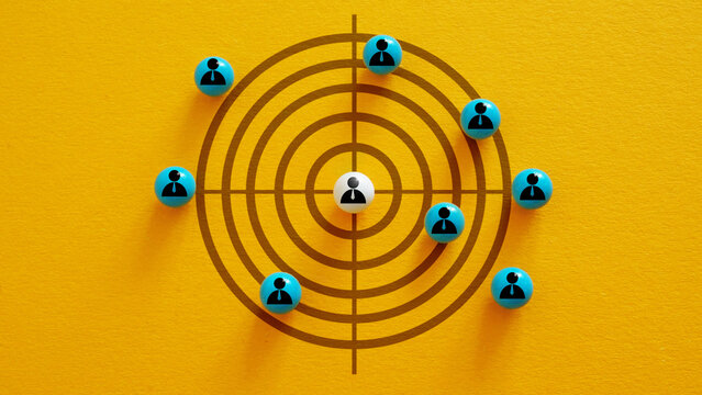 Social media user marketing. People target group and aiming. Customer target audience marketing strategy. Leadership and winning strategy