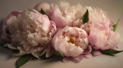 A stunning arrangement of soft pink peonies with delicate petals and lush green leaves on a subtle background