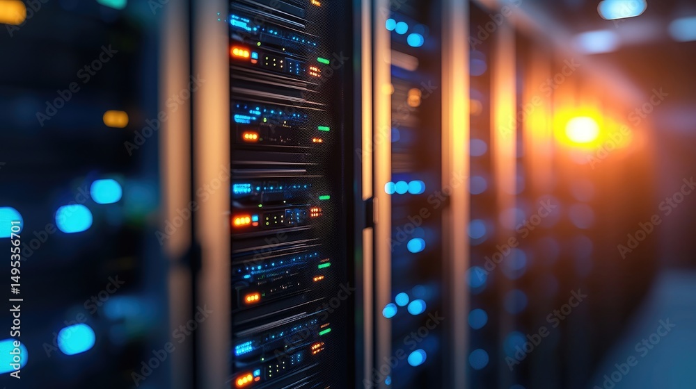 Poster Modern data center interior with glowing server racks and warm ambient lighting. Ideal for illustrating cloud computing, network security, and digital infrastructure concepts