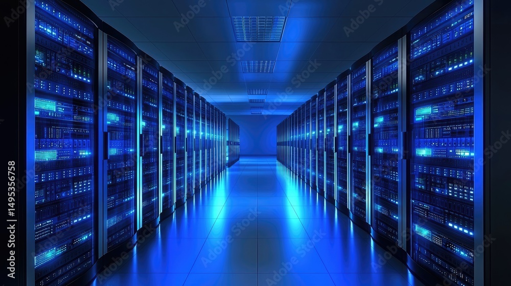 Poster Symmetrical blue-lit data center with glowing server racks and clean reflective floor. Perfect for cloud computing, tech infrastructure, IT operations, and AI environments