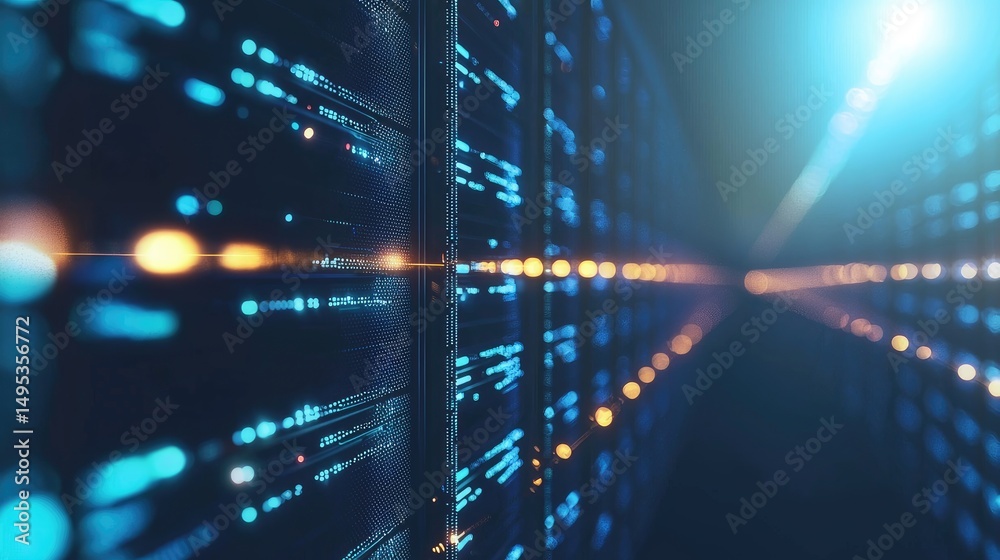 Poster futuristic data center corridor with glowing blue servers, digital lights, and depth perspective. id