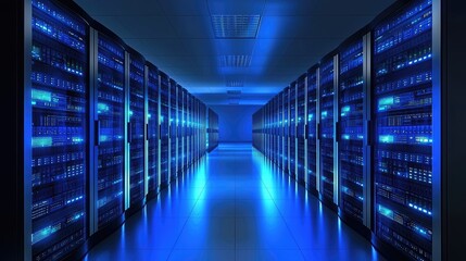 Fototapeta premium Symmetrical blue-lit data center with glowing server racks and clean reflective floor. Perfect for cloud computing, tech infrastructure, IT operations, and AI environments