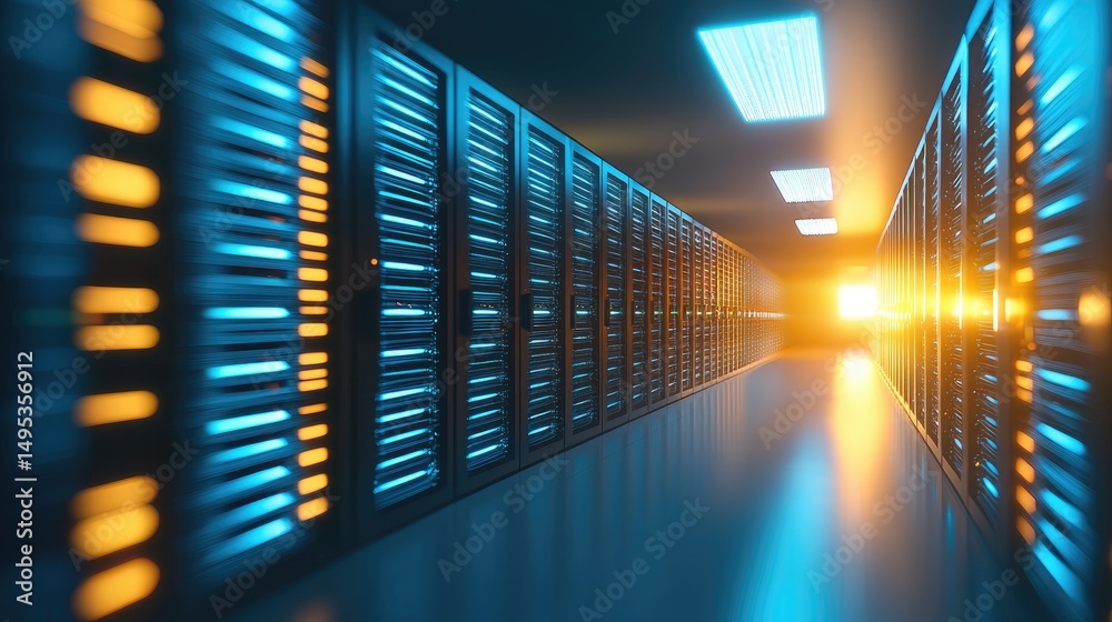 Aufkleber Bright futuristic data center hallway with symmetrical glowing servers and blue-orange lighting. Ideal for cloud storage, AI tech, server architecture, and IT infrastructure visuals