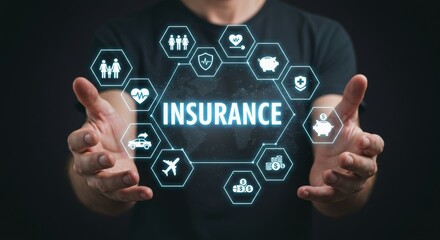 Hands presenting digital insurance icons in a futuristic design.