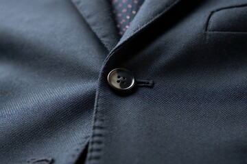 Close up of a dark blue blazer with a button and texture detailing