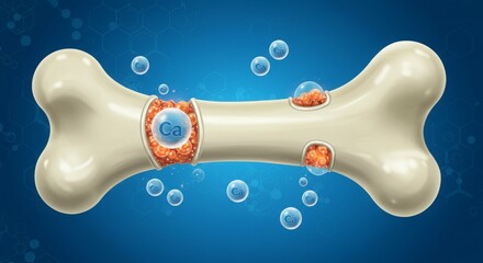 Illustration of a bone with calcium and cells, emphasizing biological structure.