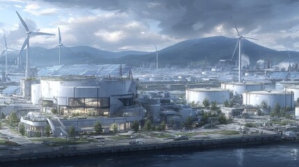 A large-scale facility utilizing electrolysis to generate hydrogen from water, accompanied by adjacent solar panels and wind turbines