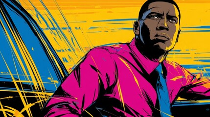 A person in a wheelchair stands next to a green car on a sunny day surrounded by vibrant urban buildings