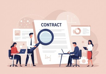 Fototapeta premium Illustration of a business meeting focused on reviewing a contract with a magnifying glass.
