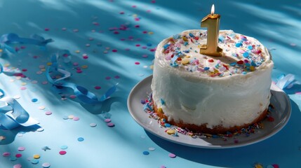 First Birthday Cake: A single candle ablaze atop a delightful first birthday cake, adorned with colorful sprinkles, rests on a pastel blue surface, surrounded by festive confetti.