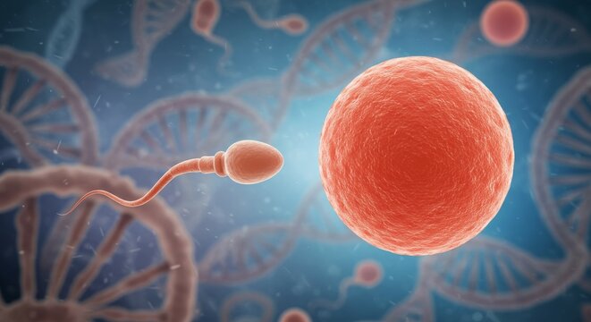 Illustration of a sperm cell approaching an egg, highlighting fertilization in biology.