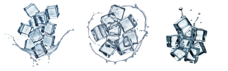 Cluster of clear ice cubes splashing in water, isolated on black background, dynamic frozen elements for summer, beverage, freshness, and cooling concept visuals
