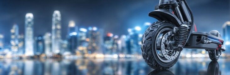 Obraz premium In the foreground, a cutting-edge electric scooter boasts a modern design, juxtaposed with the urban landscape and providing sufficient space for written content