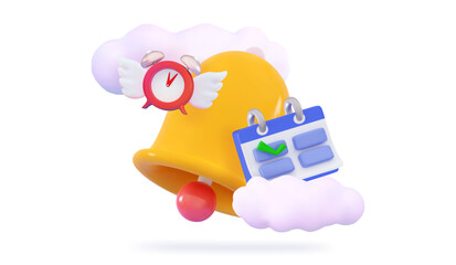3D Bell, calendar and alarm clock with wings Time counting Deadline alert Business planning Appointment Agenda Planning concept