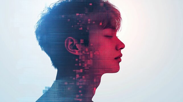 Digital portrait of a person, pixelated overlay