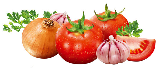 tomate, cebola, alho e salsinha isolado em fundo transparente