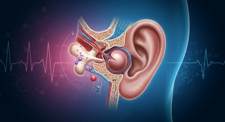 Fototapeta premium Illustration of the human ear anatomy with a heartbeat line, emphasizing auditory health.