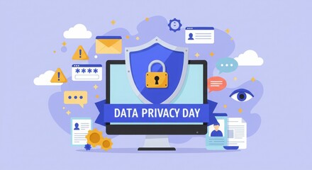 Obraz premium Illustration promoting Data Privacy Day with a shield, computer, and various privacy-related icons.