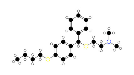 captodiame molecule, structural chemical formula, ball-and-stick model, isolated image anxiolytic compound
