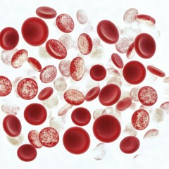 Fototapeta premium Microscopic view of red blood cells and white blood cells in a scientific representation.
