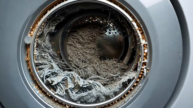 Inside View of Washing Machine Drum Filled with Torn Shredded Clothes
